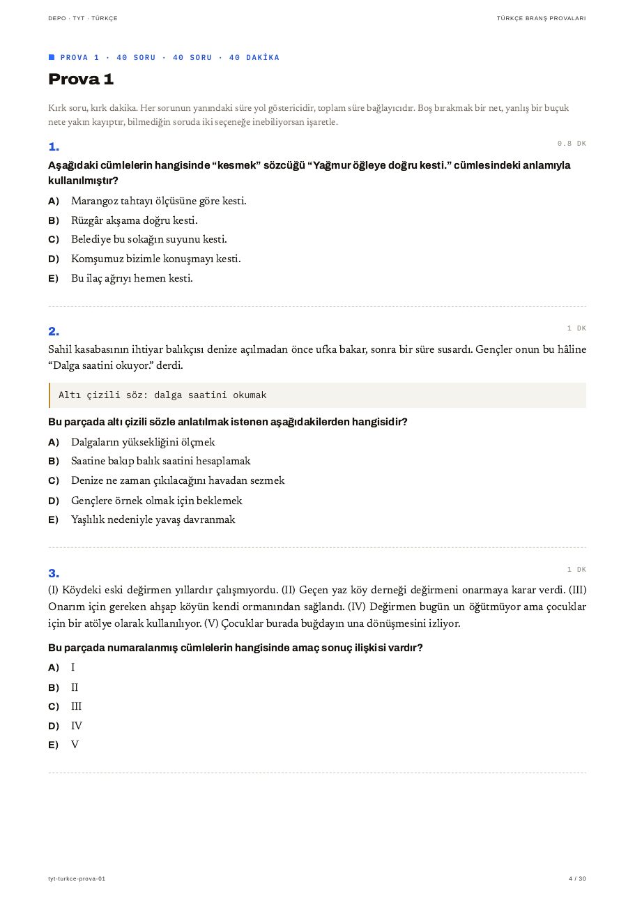 Türkçe Branş Provaları, kaynak örnek sayfa 2